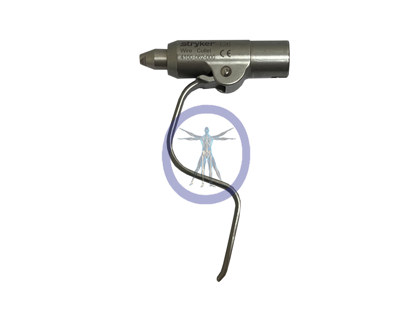 A Stryker 4100-062 Wire Collet 0.7mm – 1.8mm Attachment medical device with a visible serial number, featuring a metal component and a curved wire.