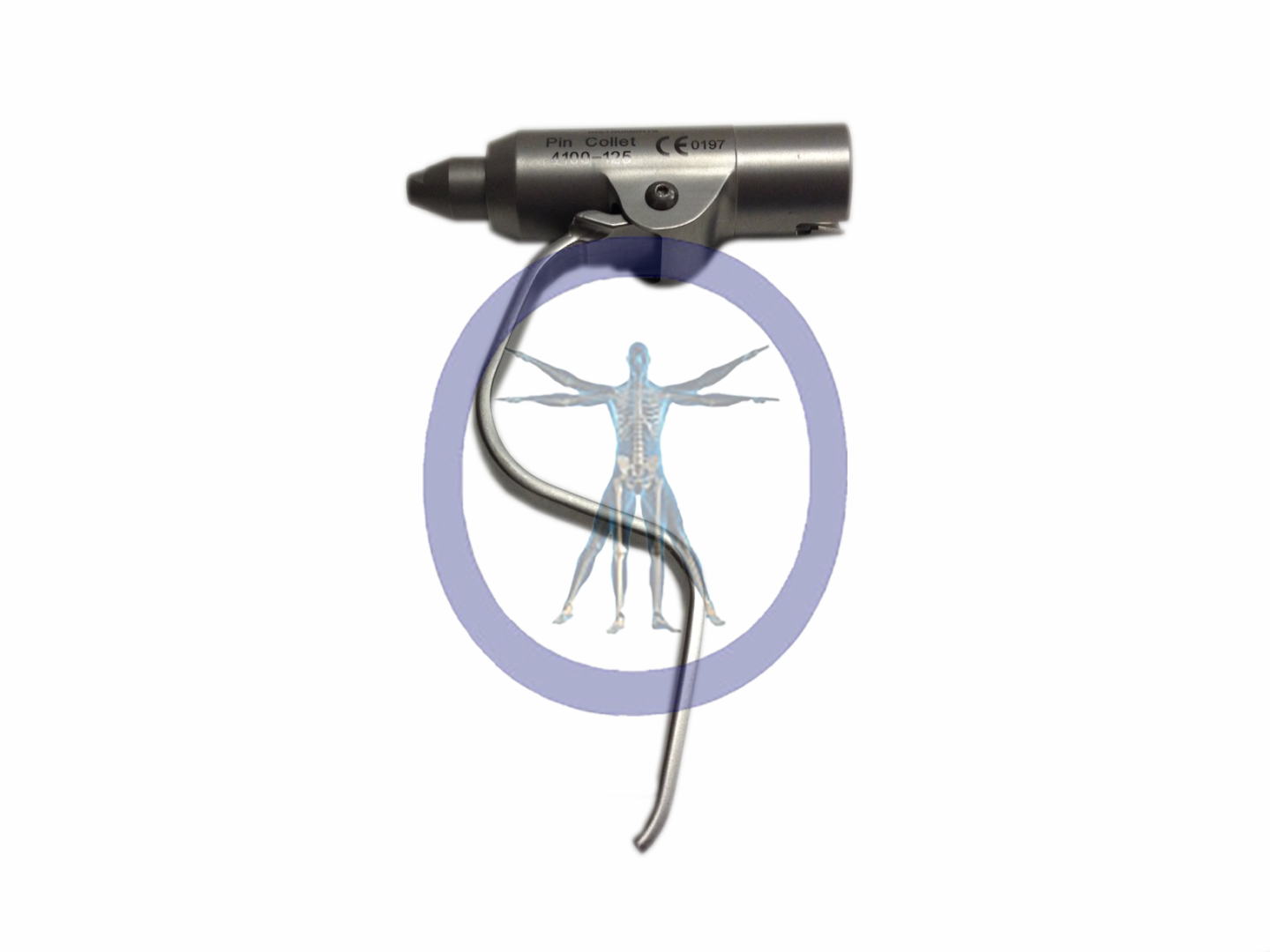 A Stryker 4100-125 Pin Collet 3.0mm – 3.2mm Attachment with cables connected to a transparent human anatomical model showing the nervous system, displayed on a white background.