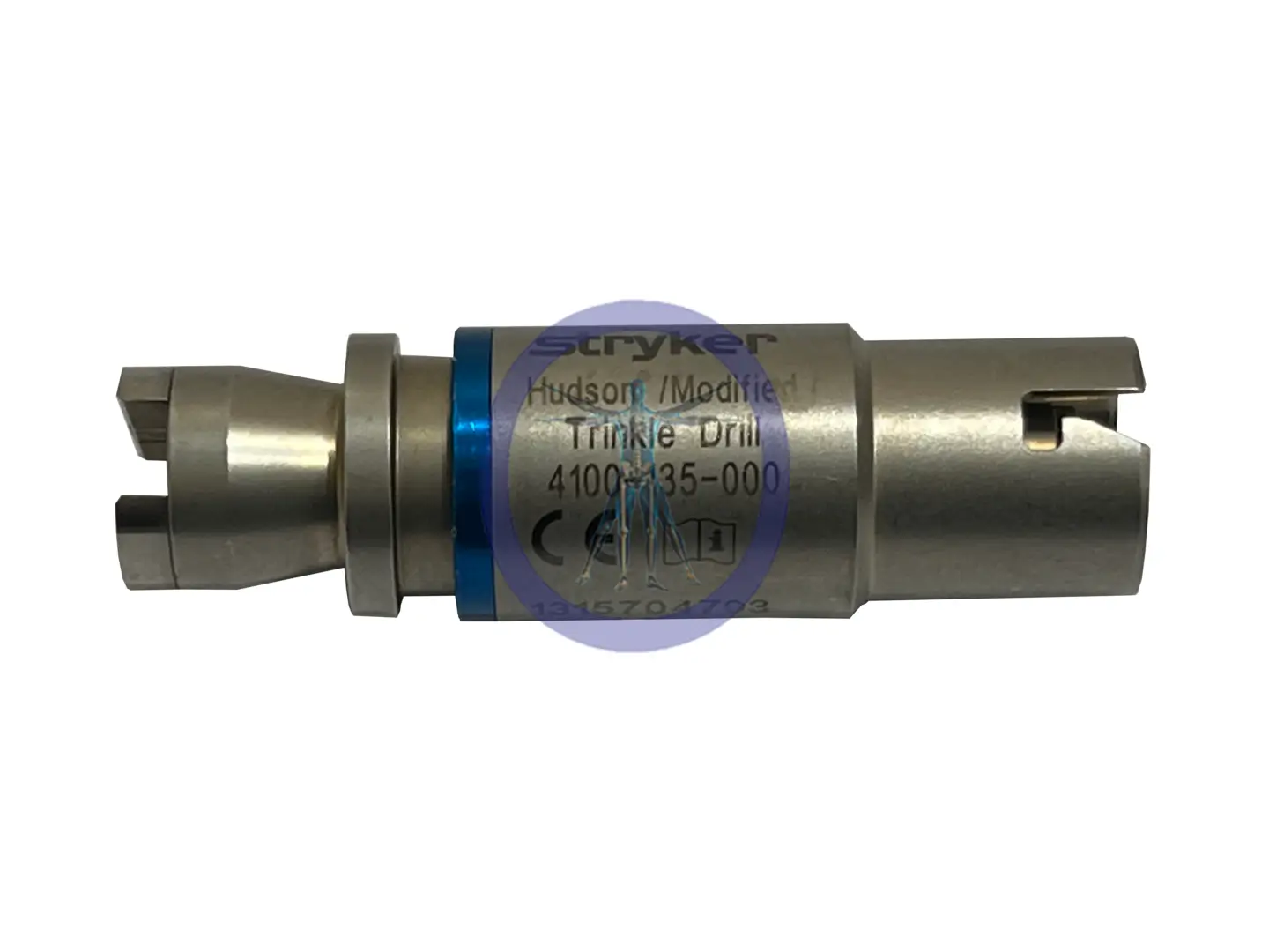 Metal Stryker 4100-135 Hudson Modified Trinkle Drill Attachment on a gray background, labeled with product information.