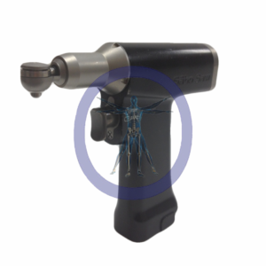 Black surgical saw with silver handle.