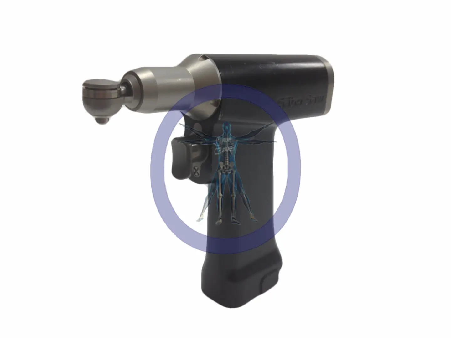 Black surgical saw with silver handle.