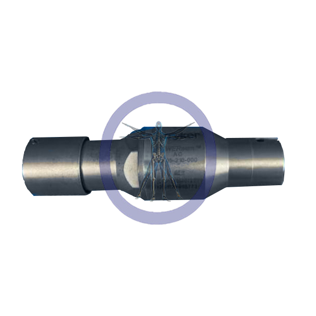A digital image showing a metallic pipe with a broken section sealed with Stryker 4405-210 1/4” PoweReam Large AO Attachment, encircled by a translucent purple ring.