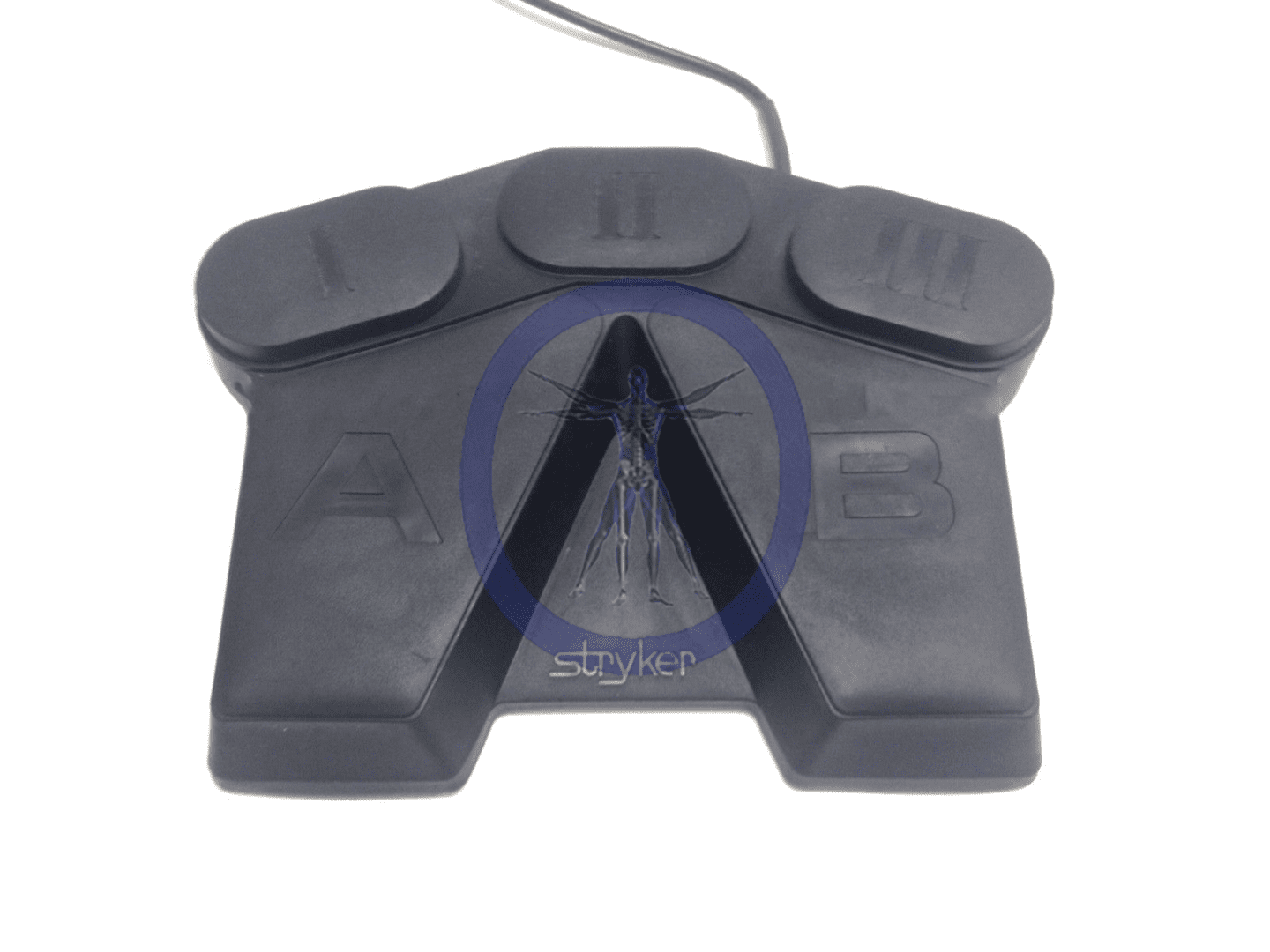 A black controller with the word " abc " on it.