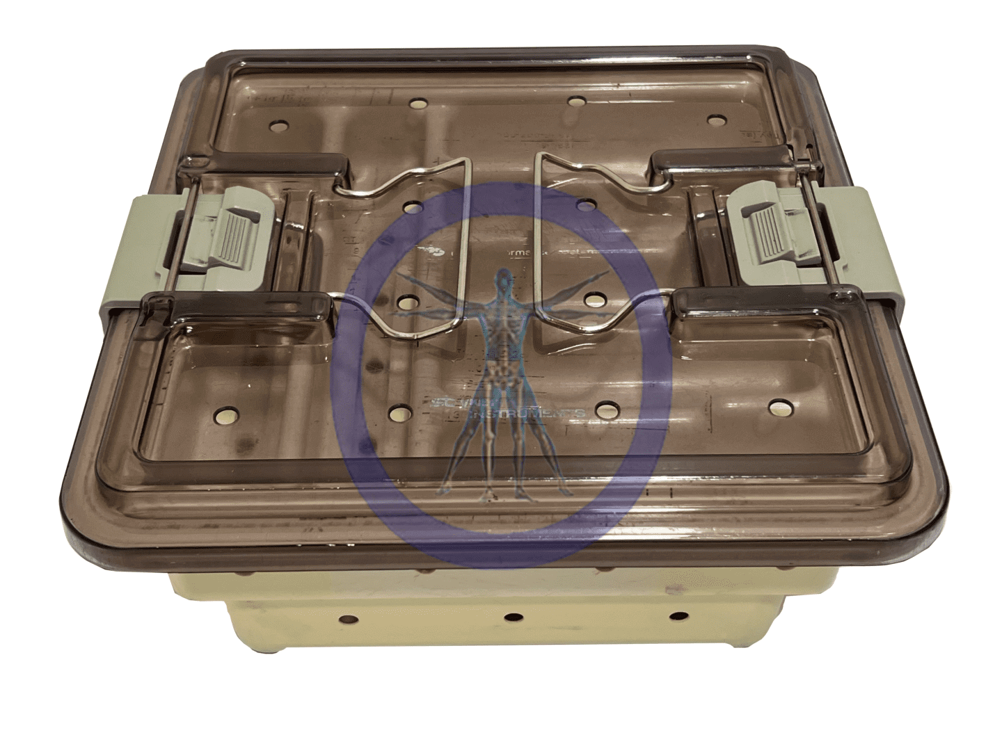 A brown plastic box with a person inside of it.