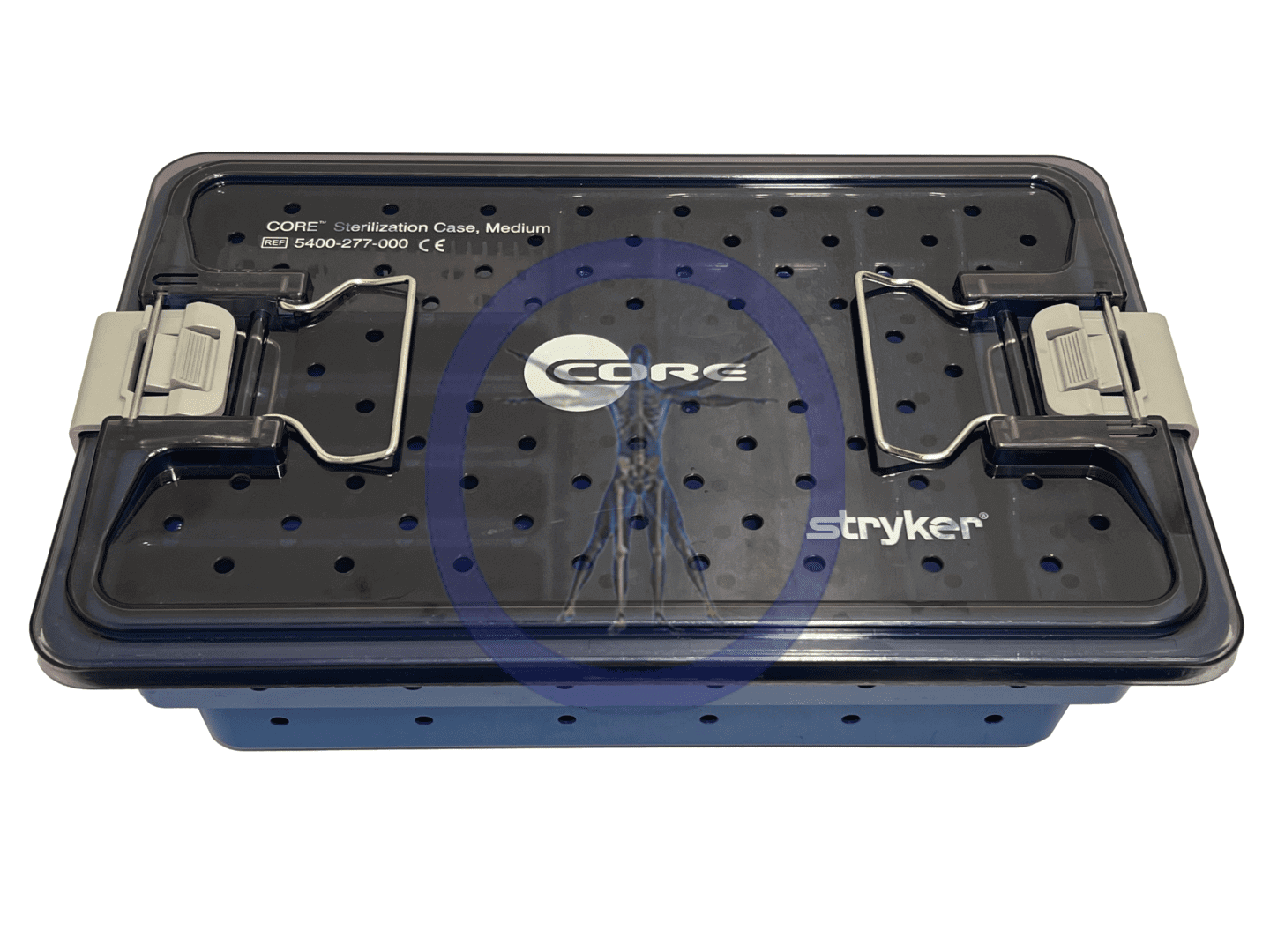 A black box with a metal handle and two clips.