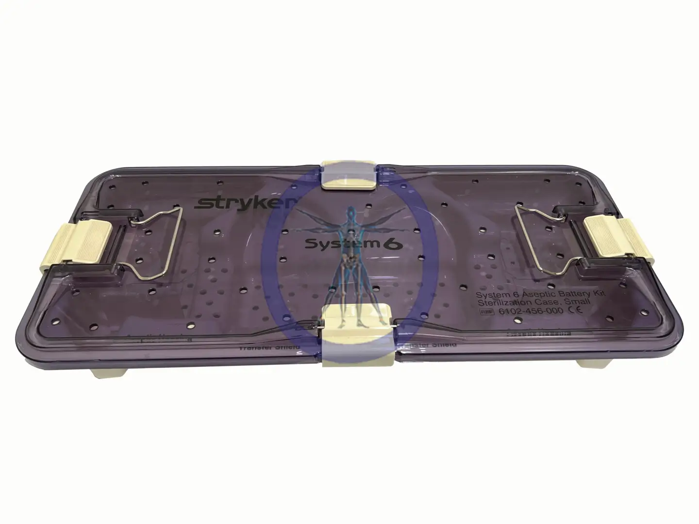 Sterile packaging for a Stryker 6102-456 System 6 Aseptic Battery Kit, showcasing a transparent purple case with two metal clasps and product information.