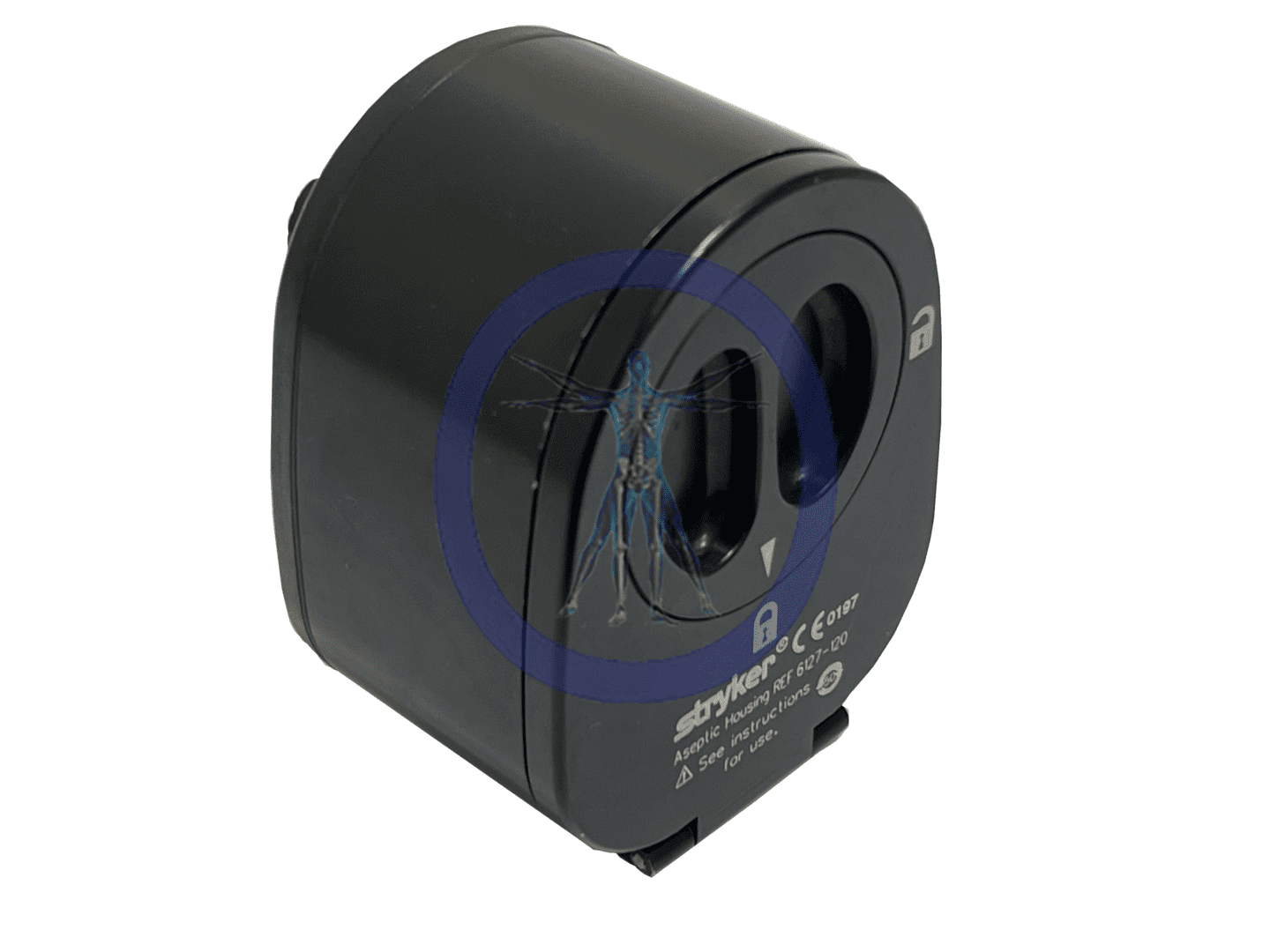 A black power adapter sitting on top of a white table.