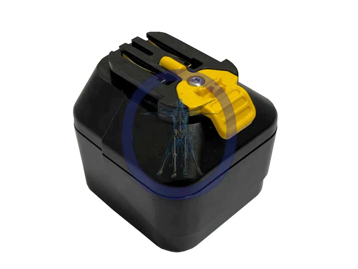 Stryker System 6 6212 battery pack with a yellow and blue holographic sticker of a miniature construction worker on top.
