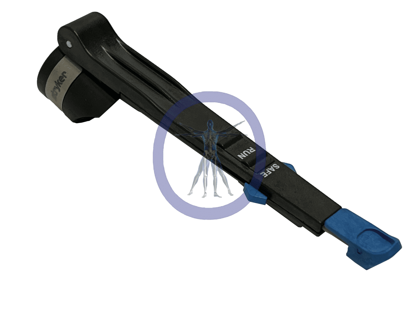 A black and blue wrench is on the end of a long handle.