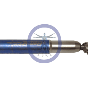 A blue and silver drill bit sitting on top of a table.