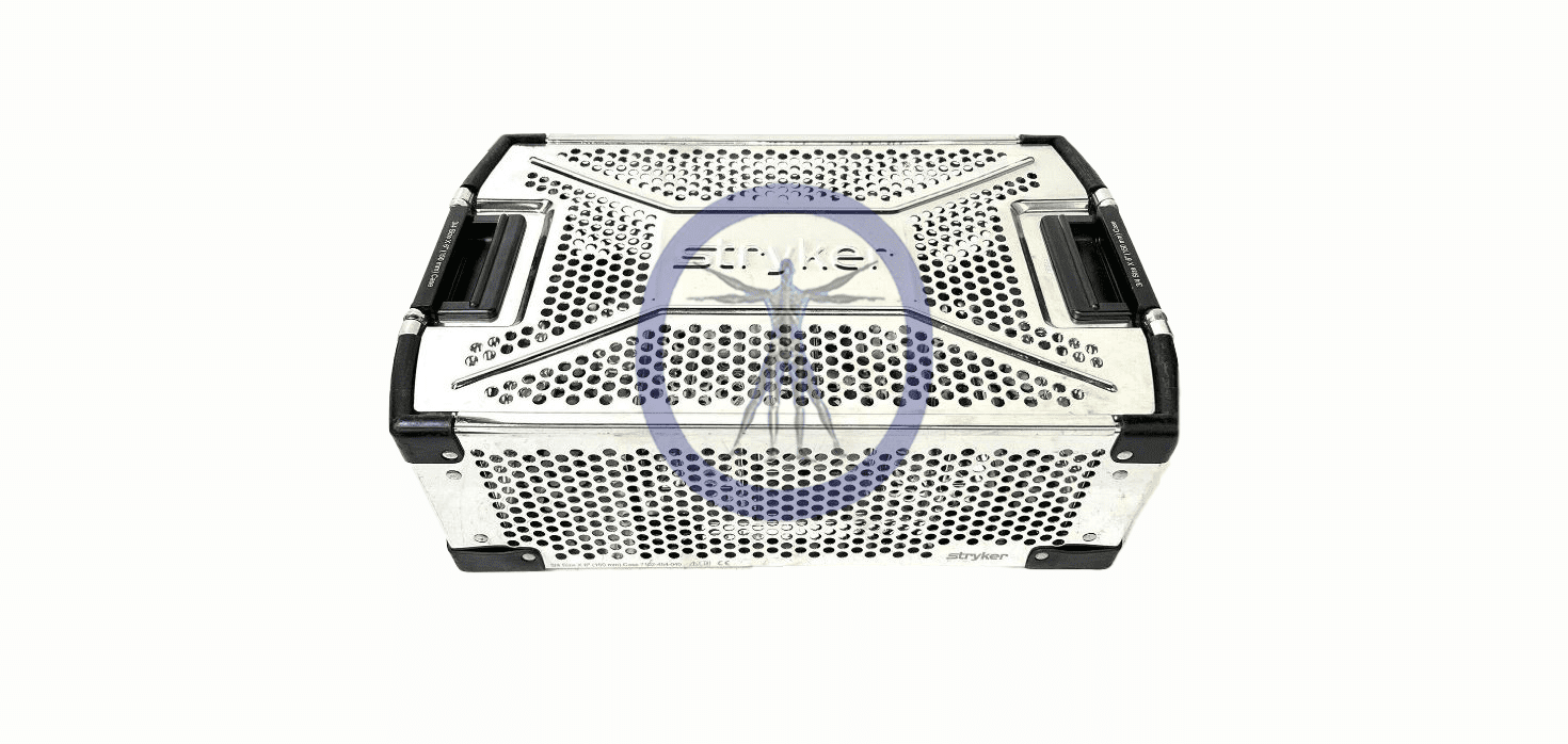 A metal box with black handles and a clock on it.