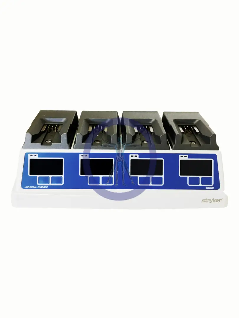A Stryker System 7 & 8 7110-120 Universal Battery Charger with four empty charging docks, designed for medical equipment batteries.