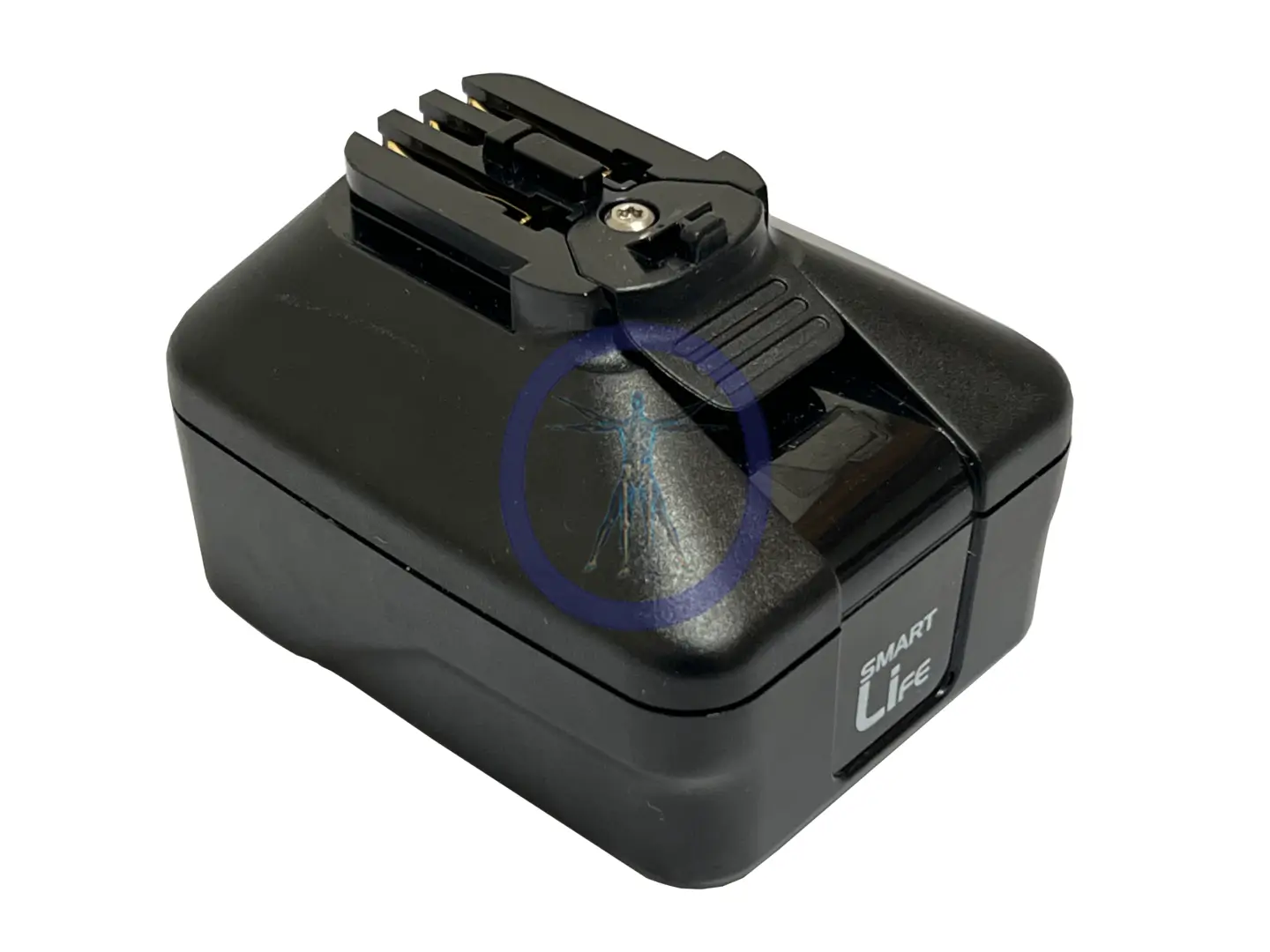 Black electric pencil sharpener with a visible crack on its shaving receptacle, marked by a blue circle.