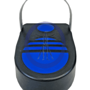A black and blue container with a handle.