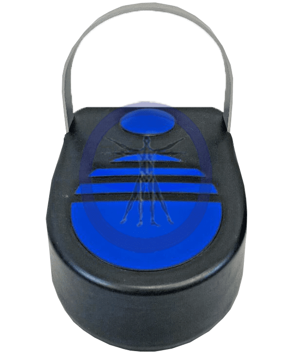 A black and blue container with a handle.