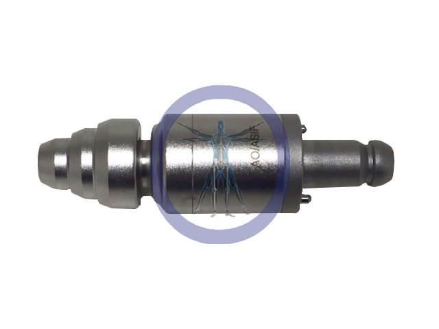 Synthes 05.001.251 AO Jacobs Chuck Attachment fuel injector with a blue holographic human figure displayed on its central part, isolated on a white background.