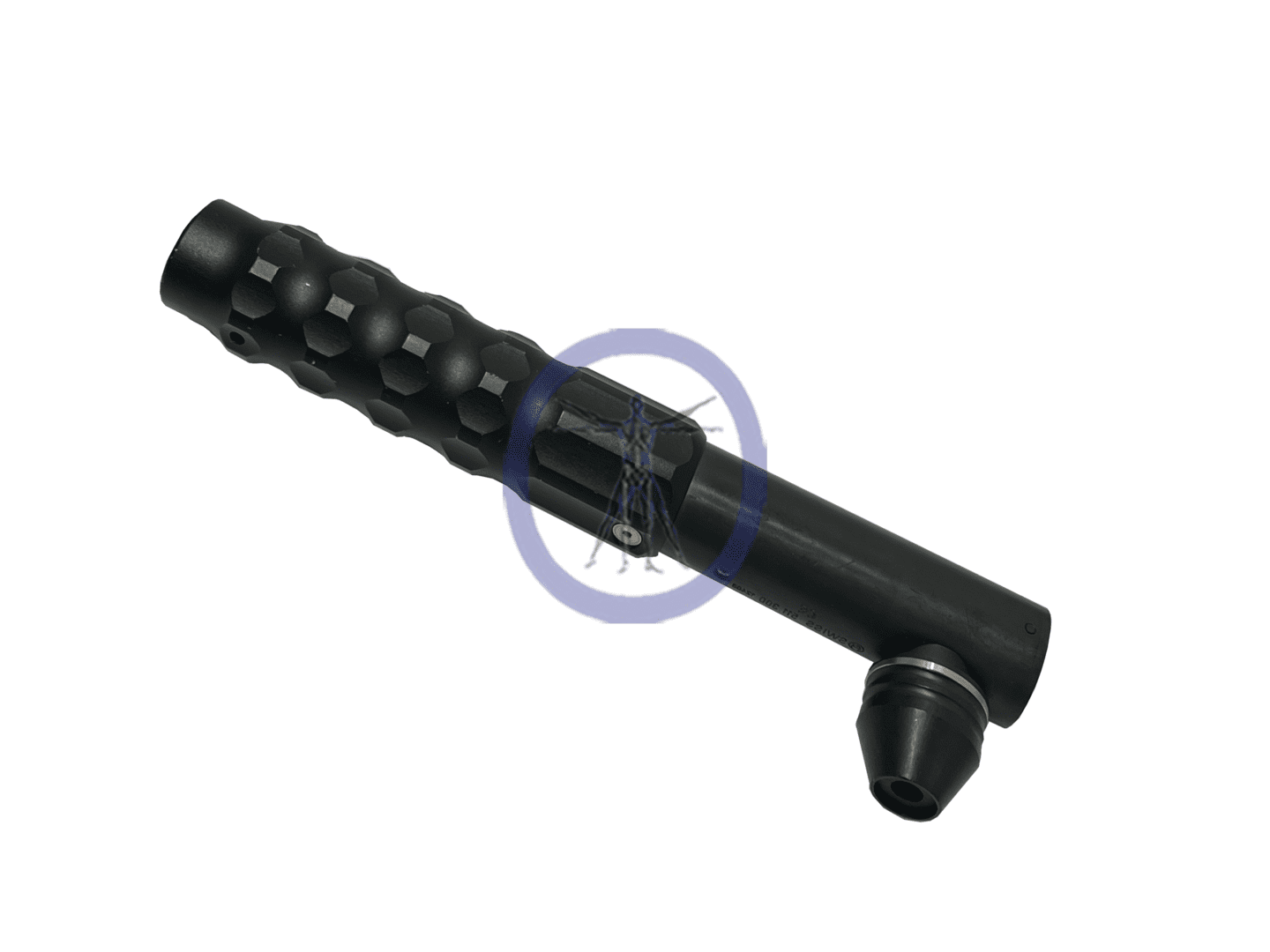 A black pipe with a blue dot on it.