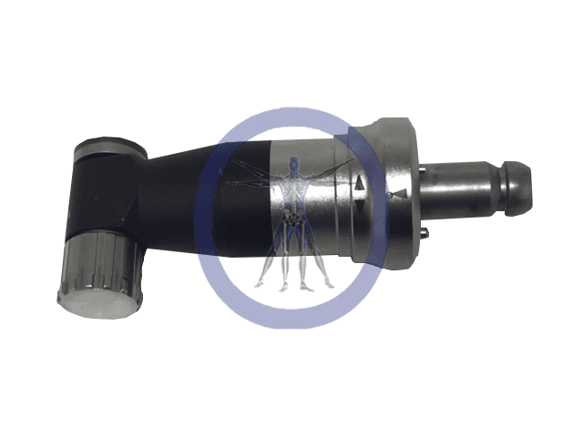 A black and silver handle with a metal knob.