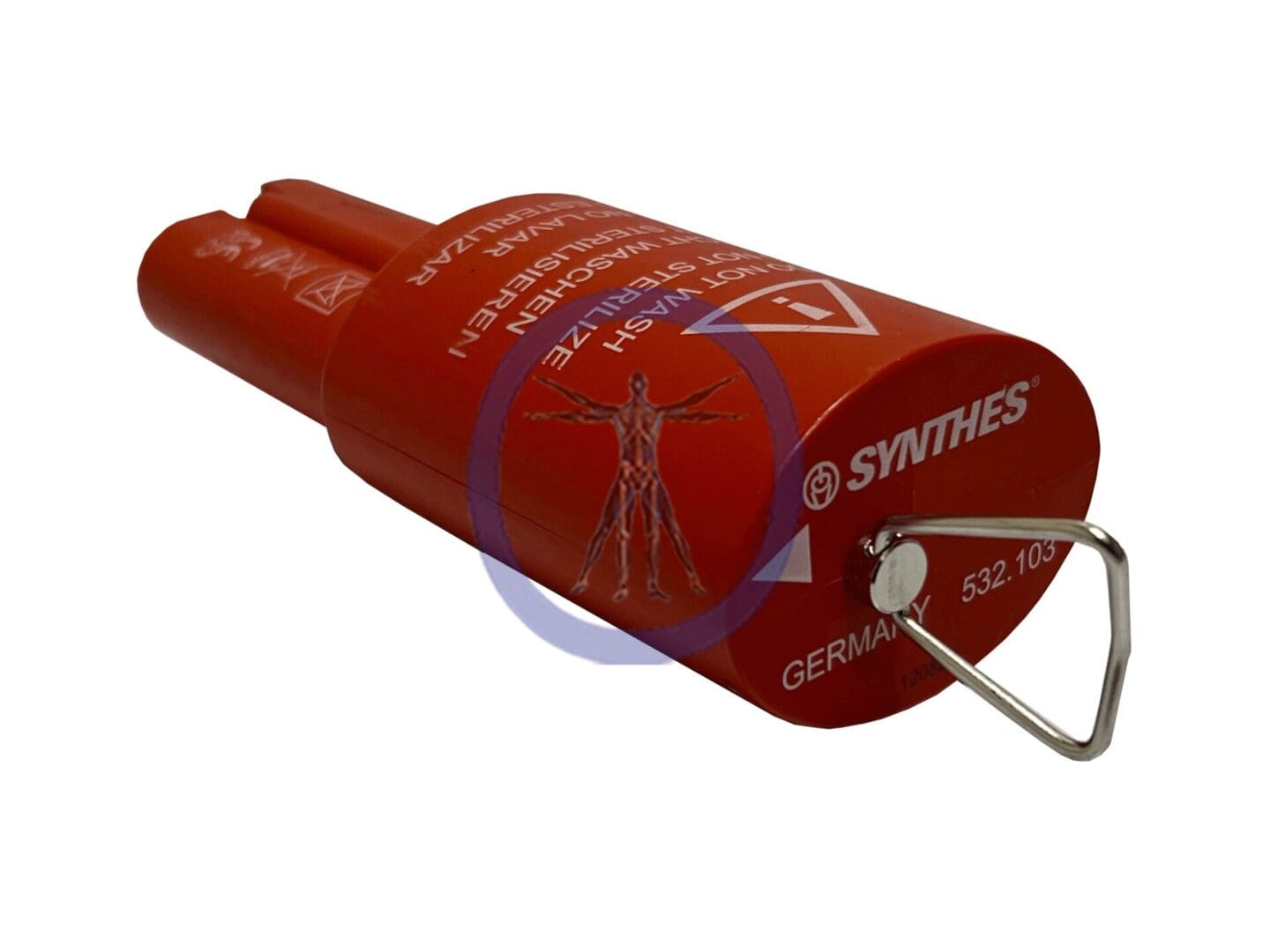 A red container with a wire attached to it.