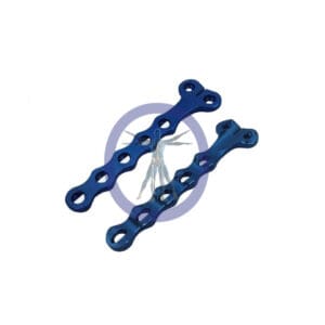 Two blue surgical bone plates.