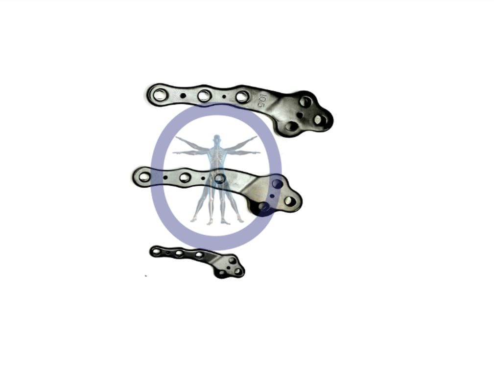 Three metal bone plates for surgery.