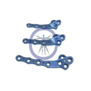 Three blue surgical bone plates.