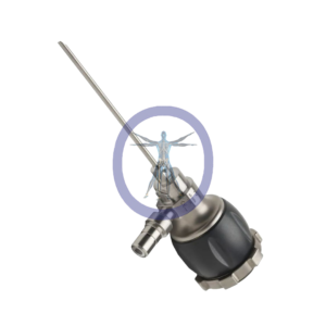Digital illustration of a Arthrex-3355-2770 2.7 mm 70º HD SYNERGY Autoclavable Arthroscope within a circle, overlaid on a microscope with a long needle, against a plain background.