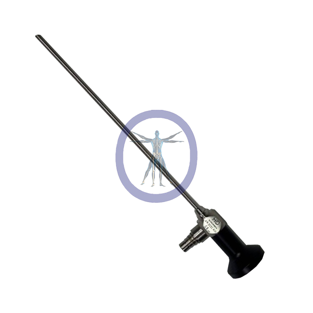 An Arthrex-AR-3030AW 4.0 mm 30° Wide Angle HD Arthroscope with a black grip and a circular guard, featuring a transparent overlay of an anatomical human figure in a fencing pose.