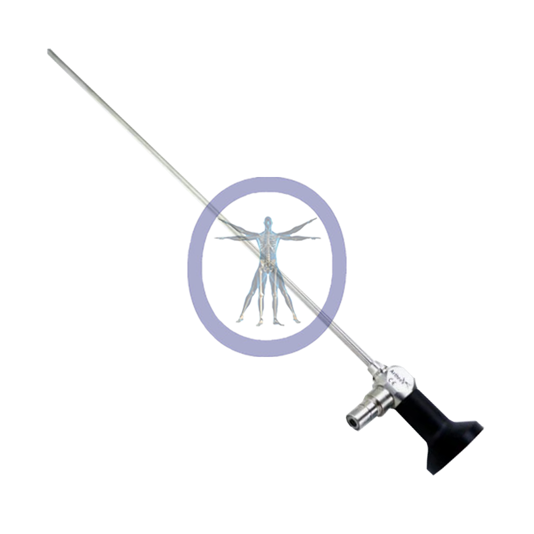 A Arthrex-AR-3170AW 4.0 mm 70° XL Hip Arthroscope with a long, thin probe and a handle, directed towards a stylized human figure within a circular frame.