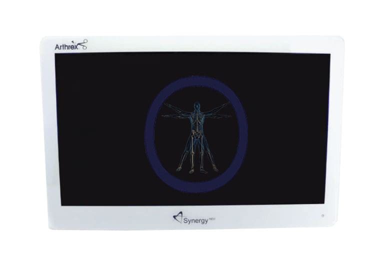 A Arthrex-AR-3250-2606 26″ Synergy LED Standard Display displaying an x-ray image of a human skeleton in the vitruvian man pose, encircled within a blue ring.