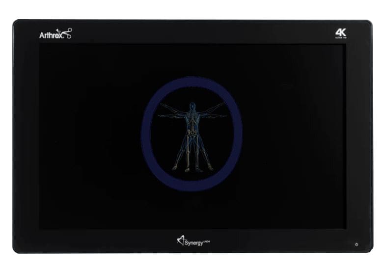 A Arthrex-AR-3250-3207 32″ UHD 4K Monitor, LED displaying an anatomical diagram of a human skeleton within a blue circle on a black screen.