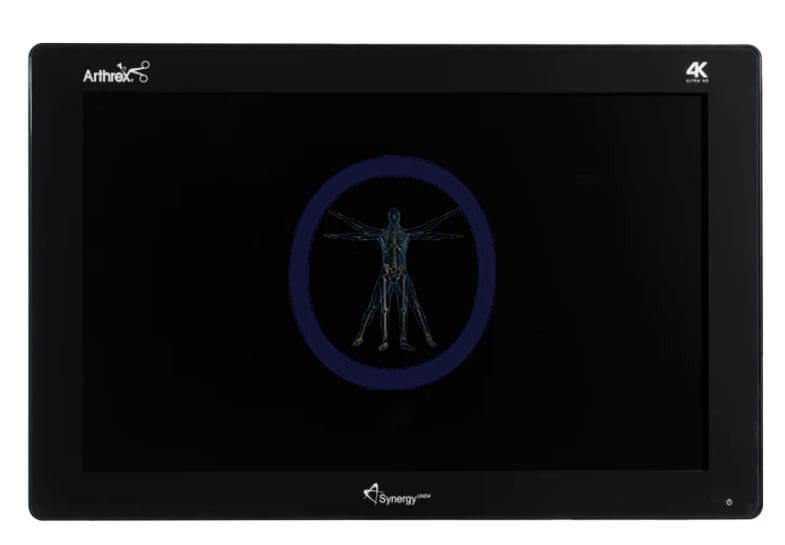 A black Arthrex-AR-3250-3208 32″ UHD 4K Monitor displaying a digital image of a human skeleton within a blue circle.
