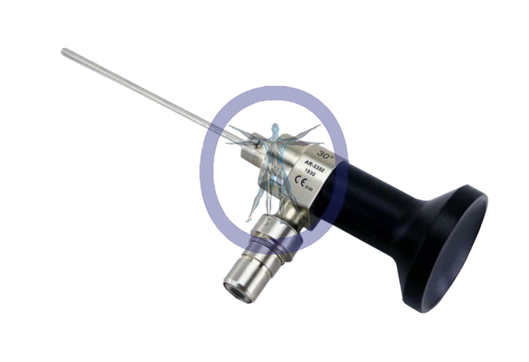 Otoscopic examination device with an Arthrex-AR-3350-1930 1.9 mm 30° HD SYNERGY Arthroscope, Eyepiece superimposed over the tip, illustrating clinical usage.