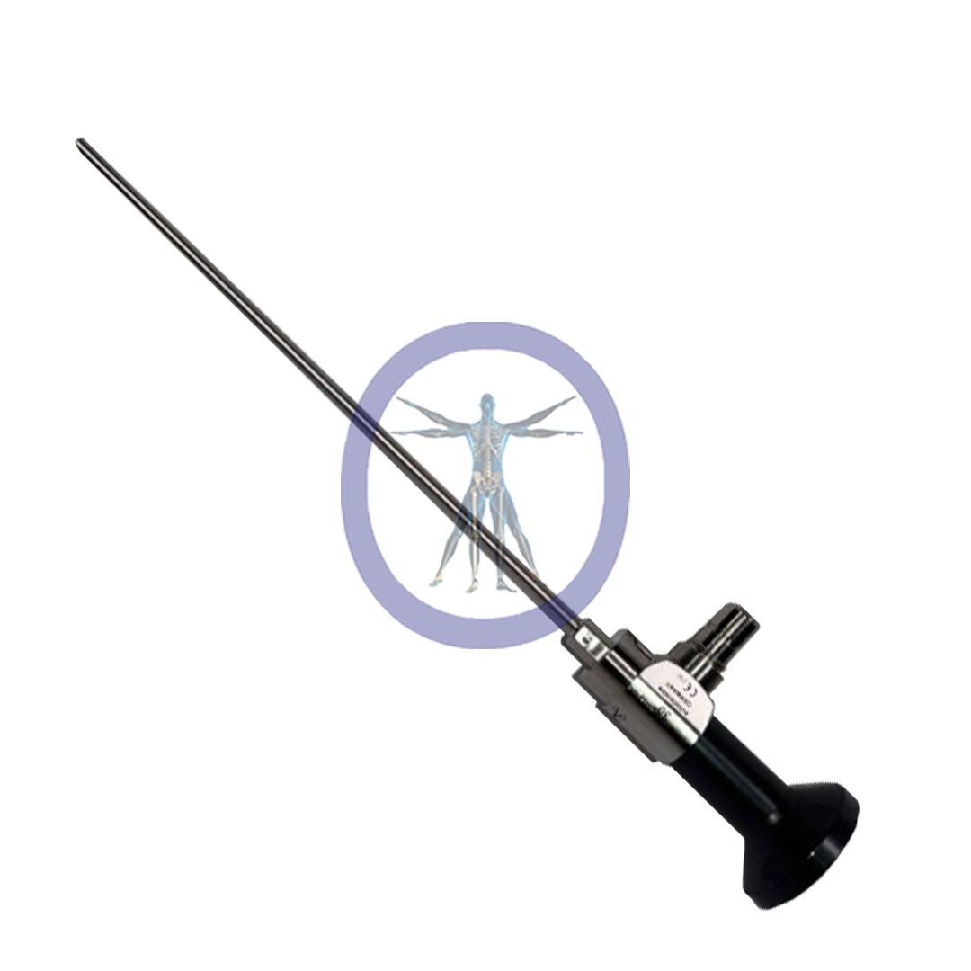 An illustration of an Arthrex-AR-3350-4031 4.0 mm 30° 4K Autoclavable Arthroscope with Eyepiece, superimposed with a translucent vitruvian man symbol in the background.