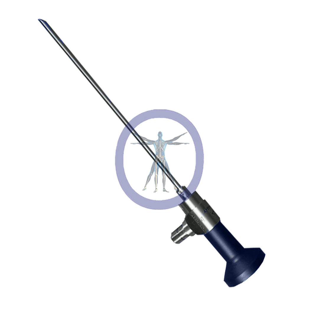 An illustration of a Arthrex-AR-3350-4070 4.0 mm 70º HD SYNERGY Autoclavable Arthroscope, Eyepiece with a needle, superimposed with a silhouette of a human figure in a circular emblem.
