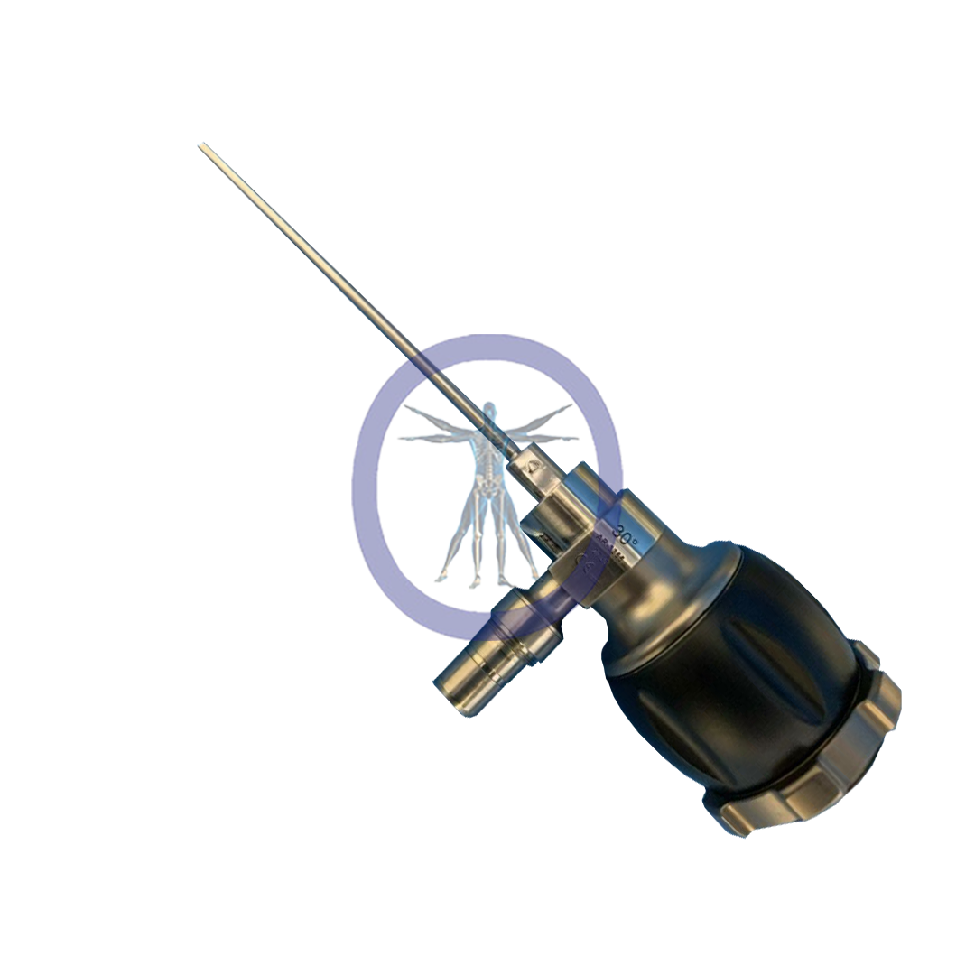 The Arthrex-AR-3355-2730 2.7 mm 30º HD SYNERGY Autoclavable Arthroscopy, a robotic surgical instrument with a precision tip, showcased against a plain background with a faded medical symbol.