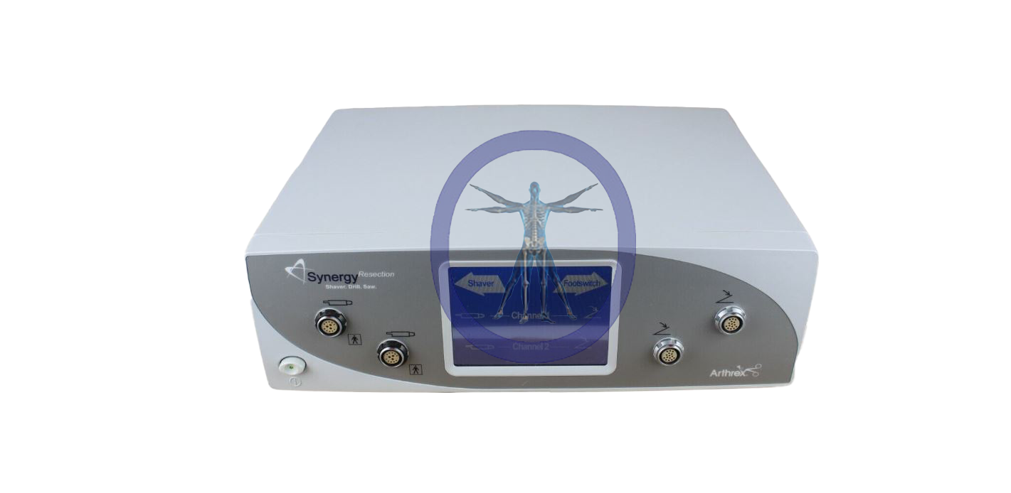 A Arthrex AR-8305 Synergy Resection Console with a screen displaying a human anatomy graphic and multiple input ports and controls.