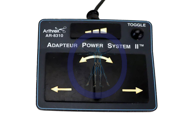 Foot pedal labeled "Arthrex AR-8310 Two Pedal Footswitch" with directional arrows and an overlaid blue dragonfly illustration.