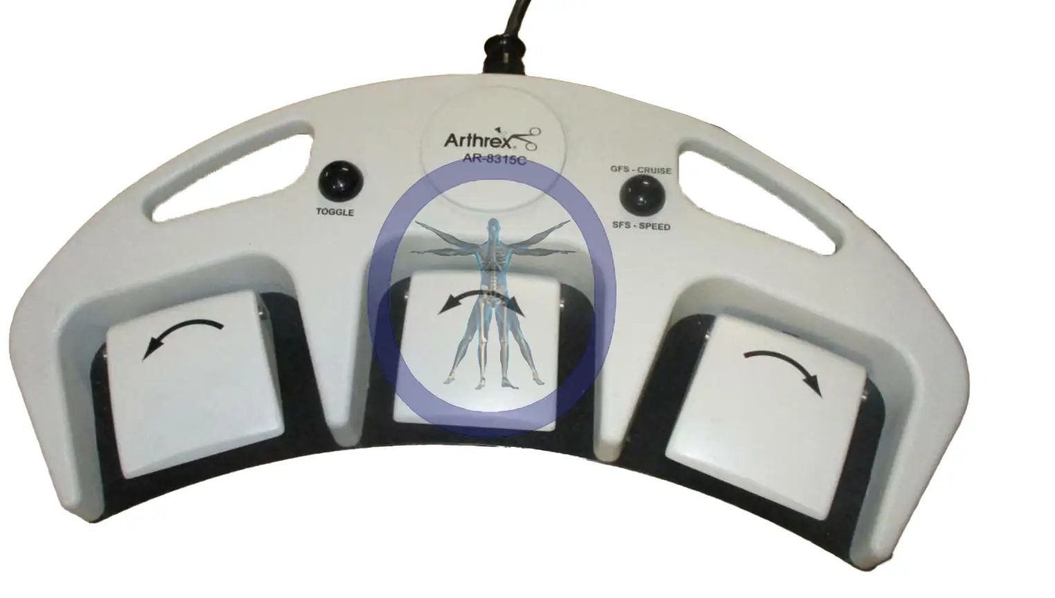 A white Arthrex AR-8315C Three Pedal Footswitch control panel with toggle switches, buttons, and a central screen displaying an anatomical figure.