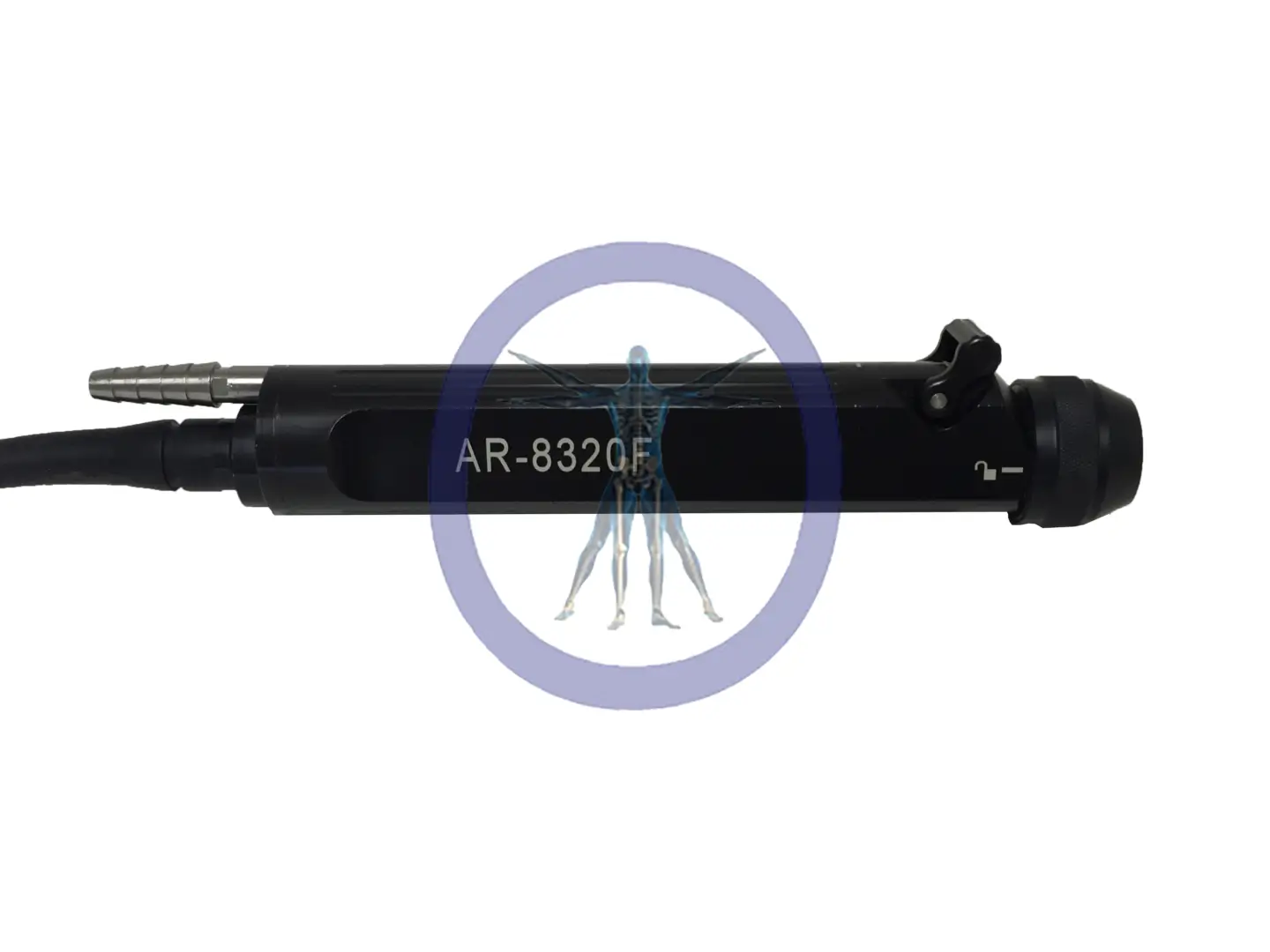 A close-up of a black cylindrical electronic device with cables and an alphanumeric code "Arthrex AR-8320F Shaver" displayed on it, overlaid with a blue holographic human figure.