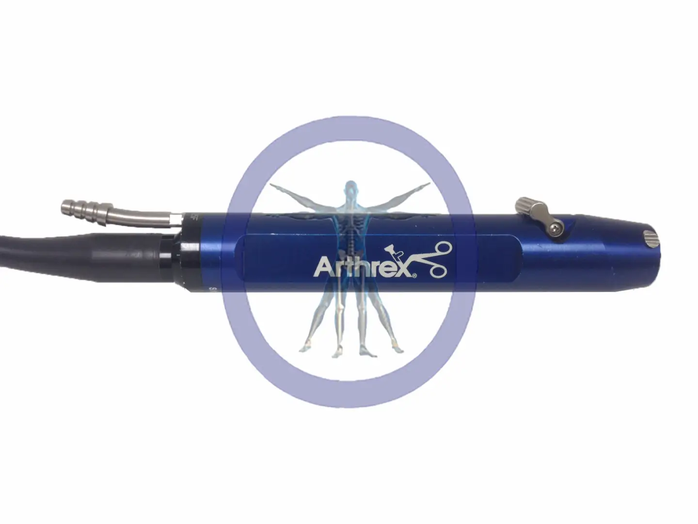 Medical syringe with a blue body branded "Arthrex AR-8325F Shaver" and a magnifying circle showing detailed features including a lever and connection ports.