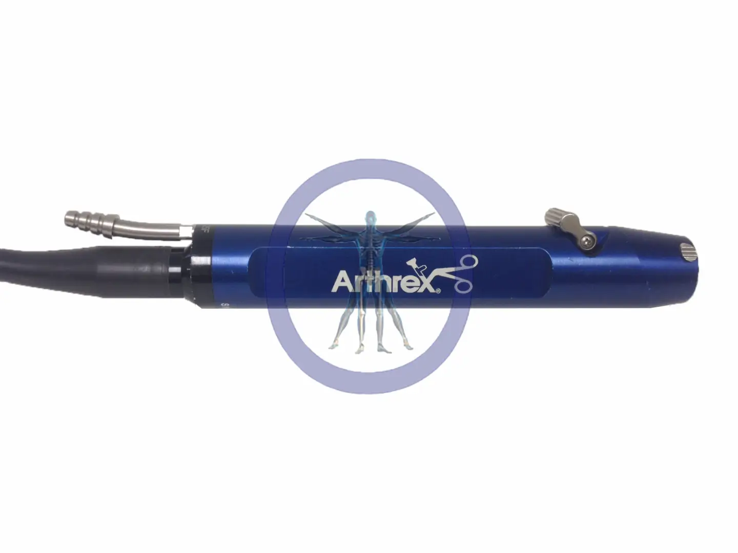 Blue Arthrex AR-8325H Shaver With Button with the label "arthrex" and a small graphic of a human figure surrounded by tools, against a white background.