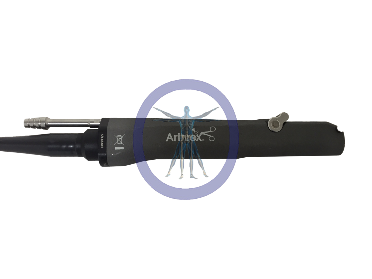 Close-up of a medical Arthrex AR-8330H Shaver With Buttons device with a small figure of an angel standing inside a blue circle superimposed on its surface.