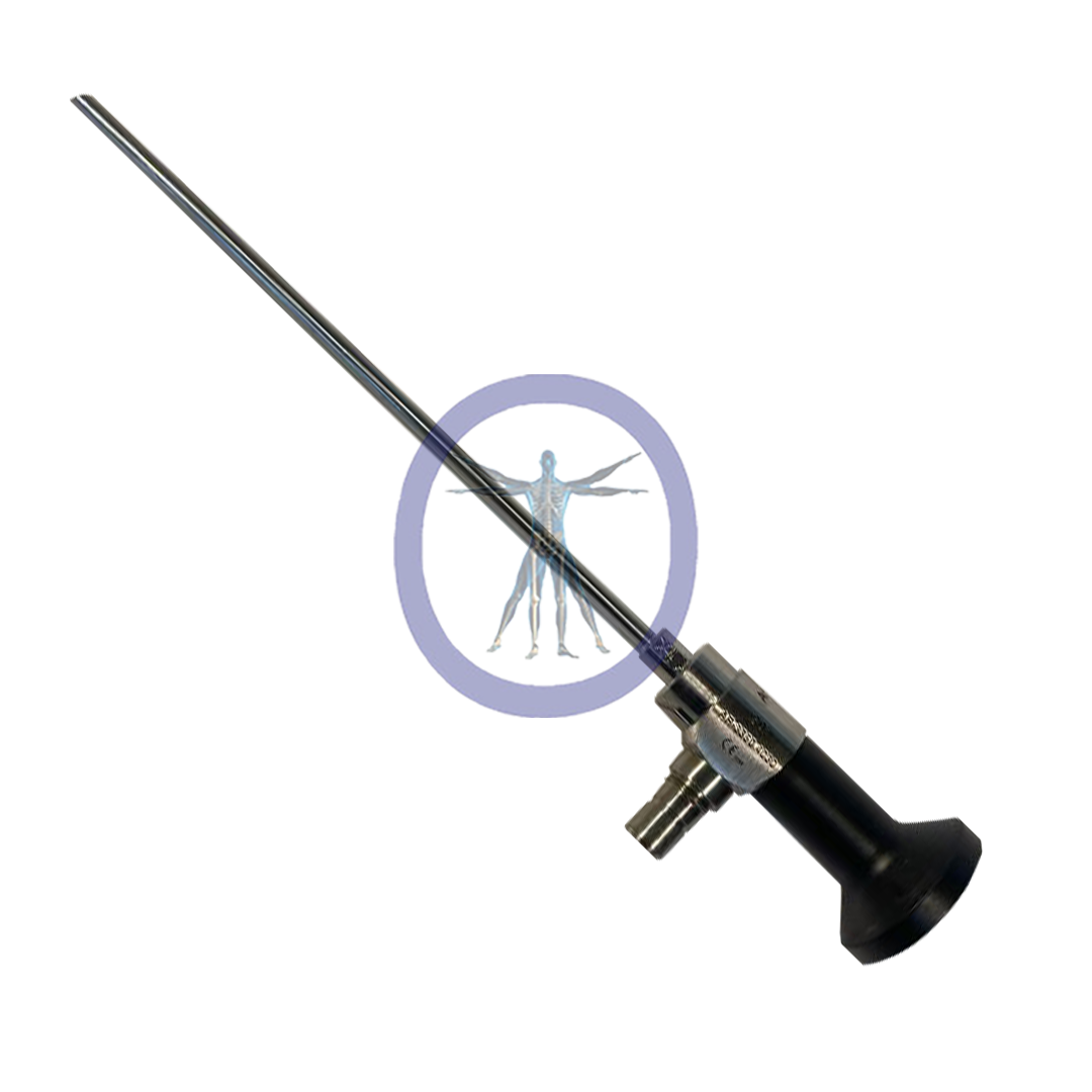 A Arthrex-AR3350-4030 4.0 mm 30º HD SYNERGY Autoclavable Arthroscope, Eyepiece with a long, thin metal probe, set against a white background with a faded logo depicting a human figure.