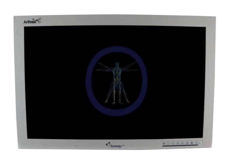 A medical monitor displaying an x-ray image of a human skeleton with a highlighted outline, manufactured by Arthrex-FS-L2601D-AR 26″ HD LCD Surgical Monitor.