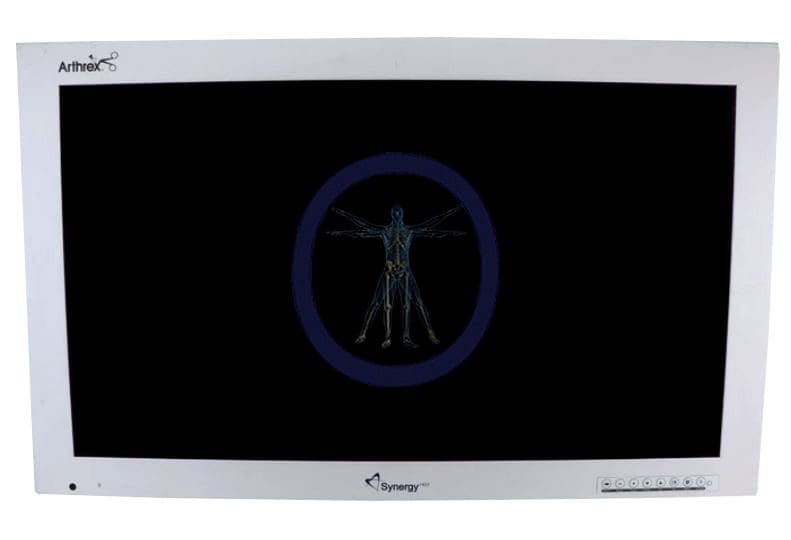 Arthrex-FS-L3201D 32″ Synergy LCD Monitor displaying a digital image of a human skeleton within a blue circle, isolated on a white background.