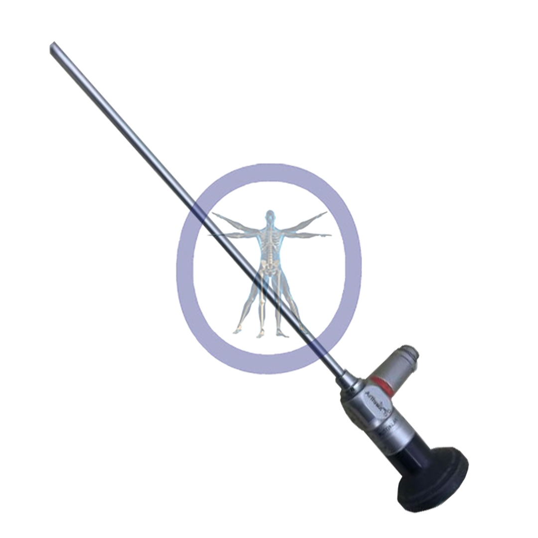 Arthrex-IR0030 illustration within a circular purple border, overlaid on an image of a metal rod with a pneumatic handle.
