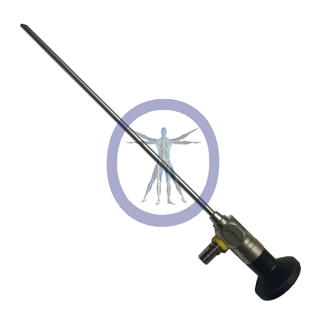 A Arthrex-IR0070 4.0 mm 70° Hopkins II Autoclavable Arthroscope, Eyepiece superimposed over an illustrated human figure within a purple circle, symbolizing a vaccination or medical treatment.