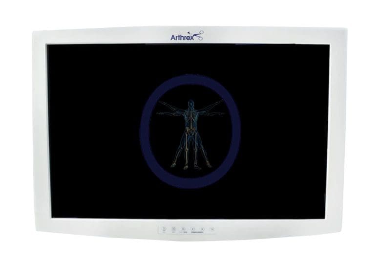 Arthrex-IR8301 26″ HD Flat Panel Monitor displaying a digital image of a human skeleton with circulatory system overlay, on a black background.