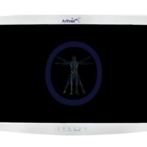 A medical monitor displaying a digital image of a human skeleton within a blue circle, branded with "Arthrex-IR8304 26″ HD Flat Panel Monitor".